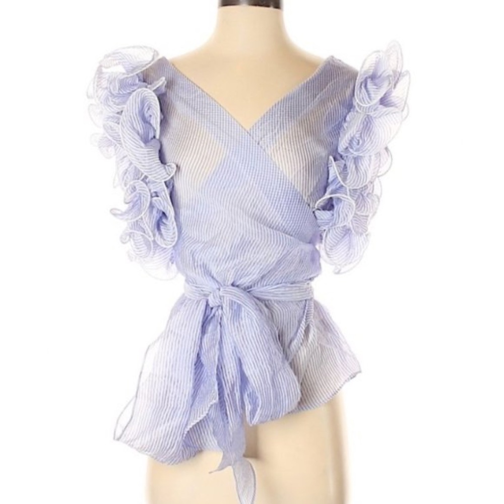Amanda Uprichard Blue Ruffle Wrap Blouse